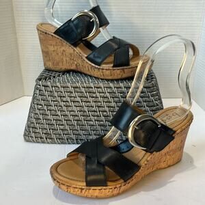 B.O.C Devona Leather Strap Cork Platform Wedge Slip on Mules Sandals Size 9